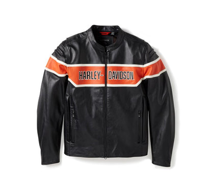 men’s black cowhide leather biker jacket detail view