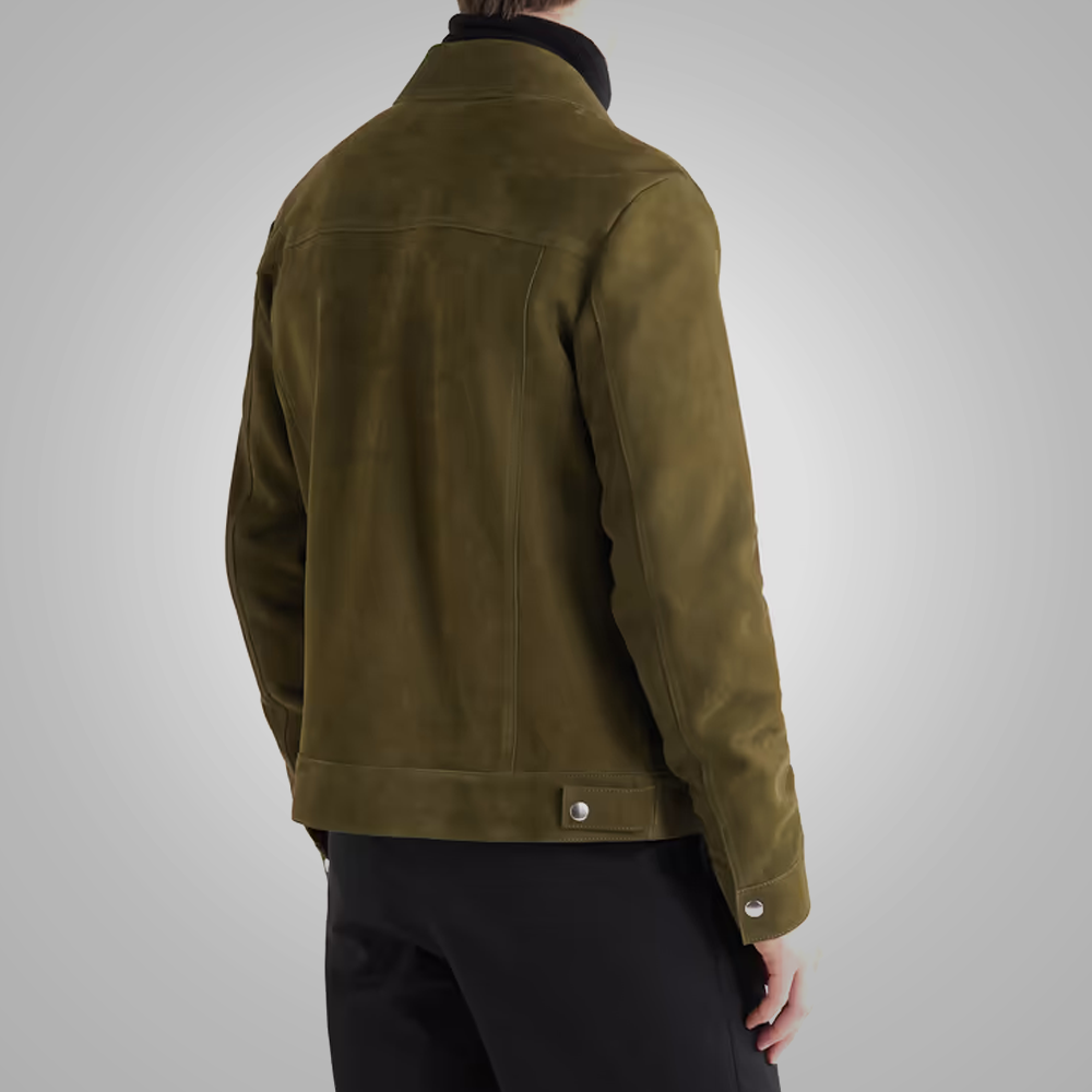 men's olive green leather trucker jacket lucien detail close up