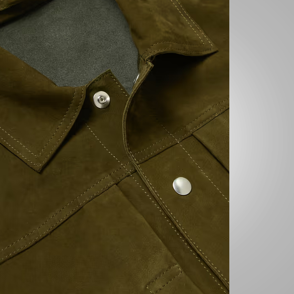 men's olive green leather trucker jacket lucien texture detail
