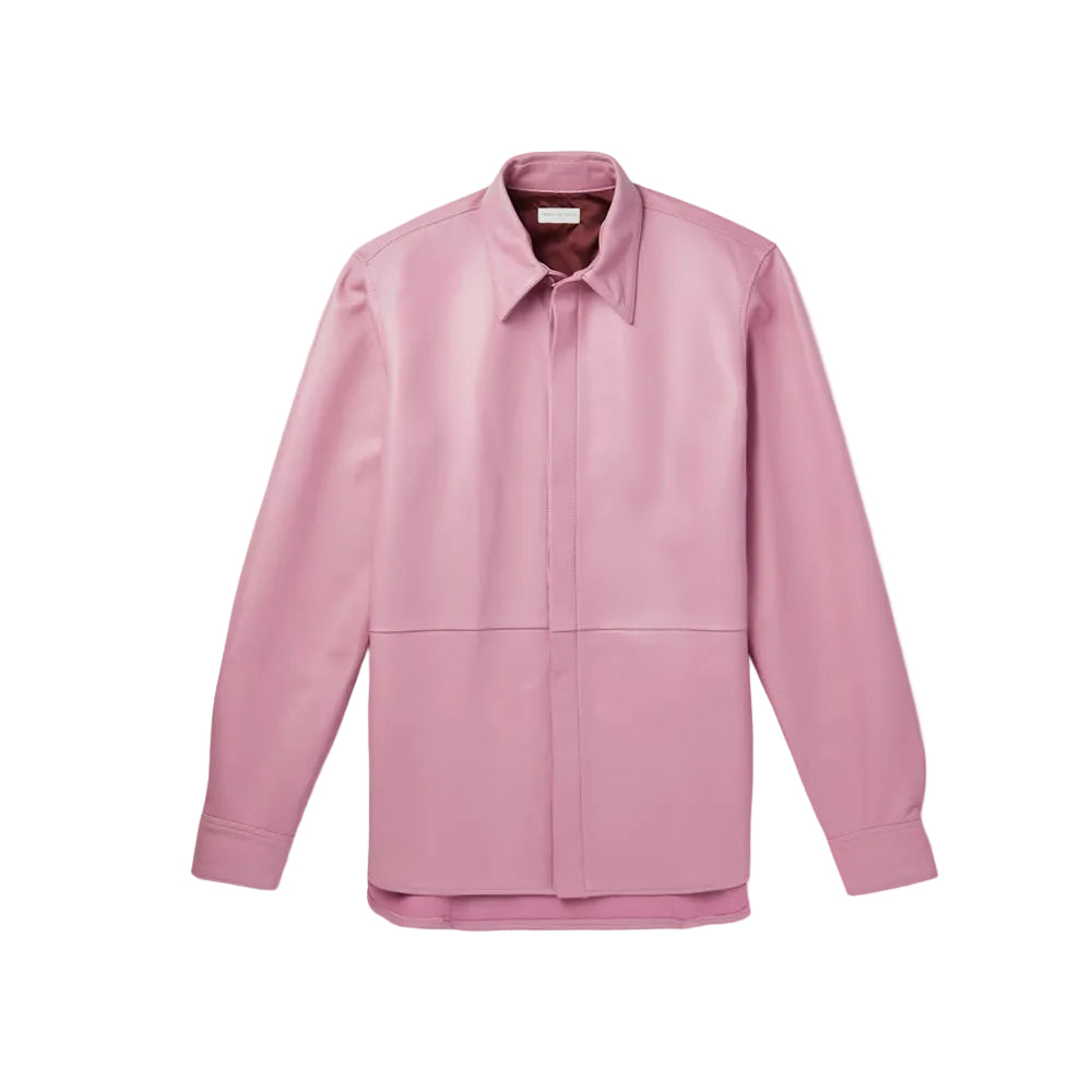 men’s pink cowhide leather shirt front view