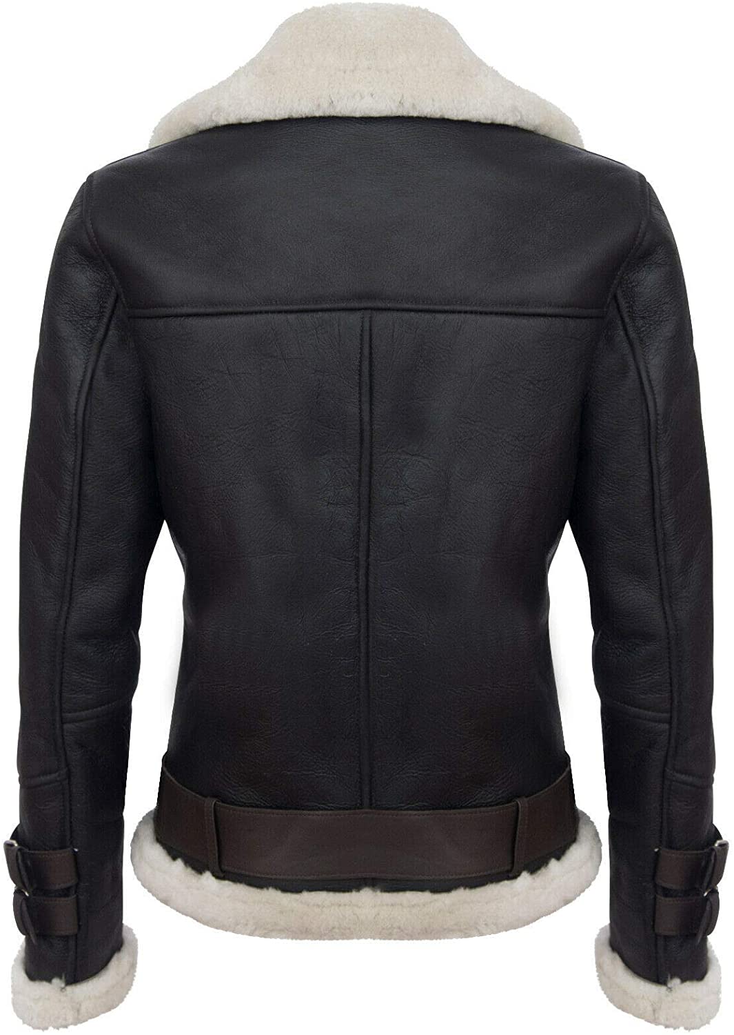 men’s brown sheepskin leather aviator jacket detail view