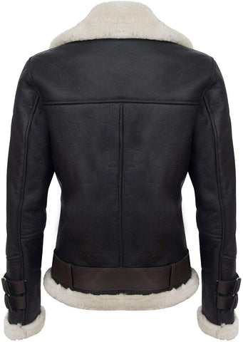 men’s brown sheepskin leather aviator jacket detail view