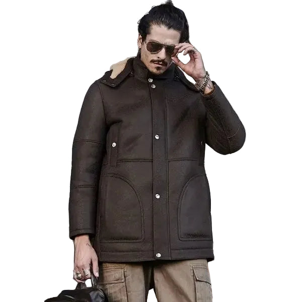 Men’s RAF hooded shearling leather long coat
