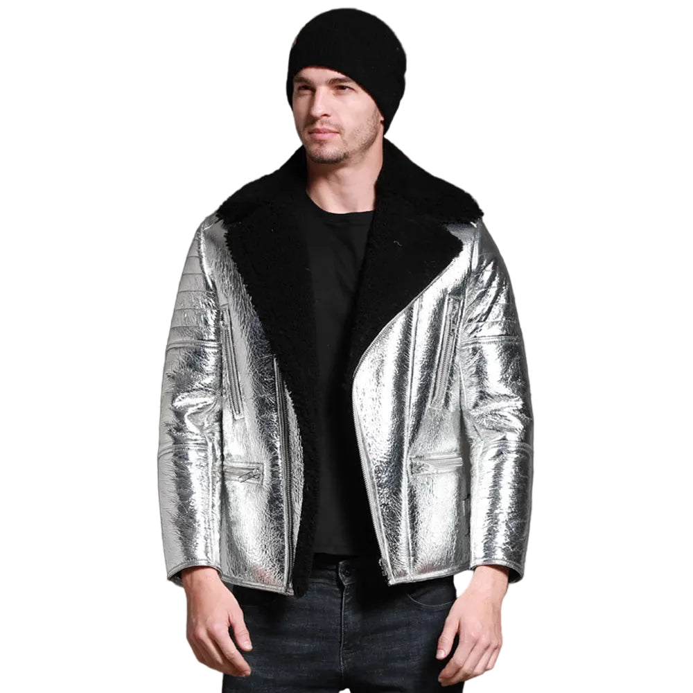 men’s silver sheepskin leather aviator jacket front view