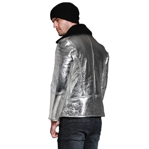 men’s silver sheepskin leather aviator jacket side angle