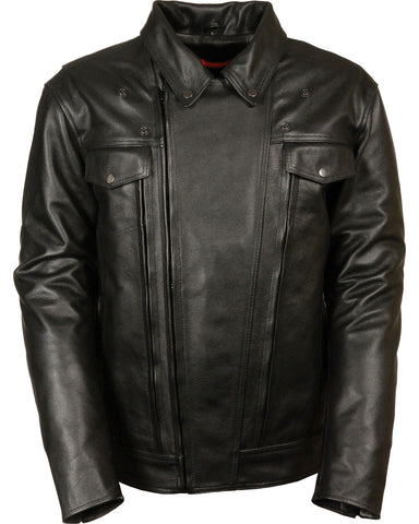 men’s black cowhide leather biker jacket front view