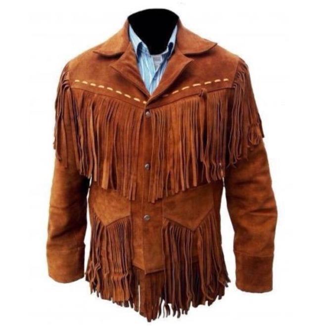 men’s tan suede leather western jacket front view