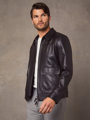men's black leather shirt cassian pocket detail