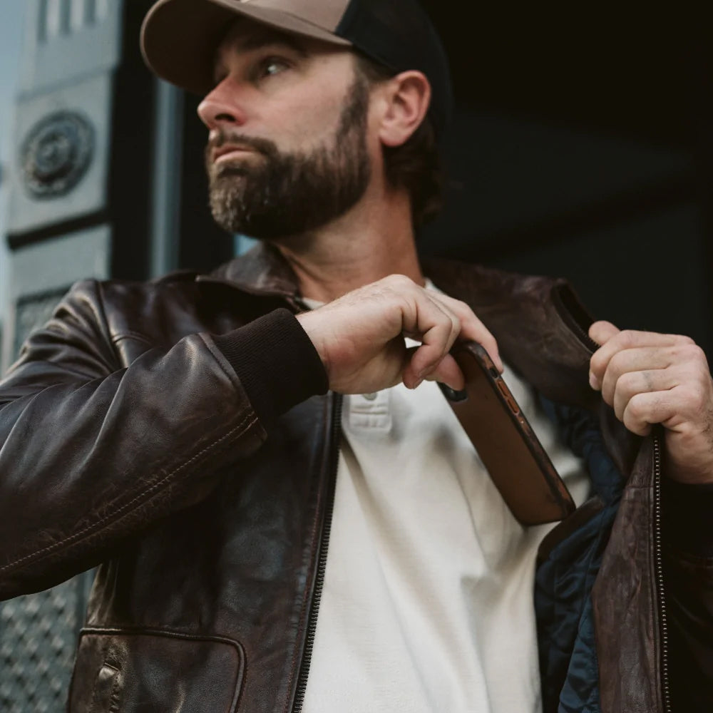 men’s brown lambskin leather aviator jacket back view