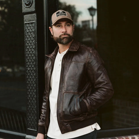 men’s brown lambskin leather aviator jacket detail view