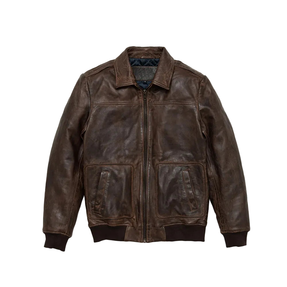 men’s brown lambskin leather aviator jacket front view