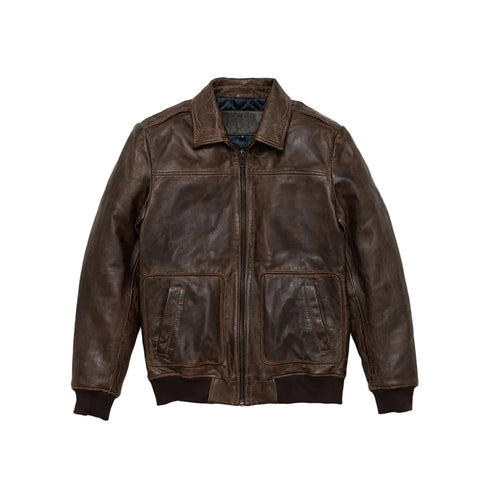 men’s brown lambskin leather aviator jacket front view