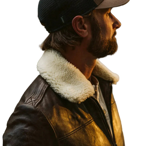 men’s brown sheepskin leather aviator jacket back view