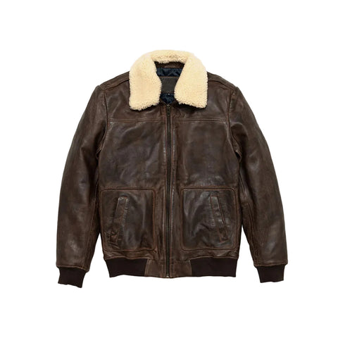 men’s brown sheepskin leather aviator jacket front view