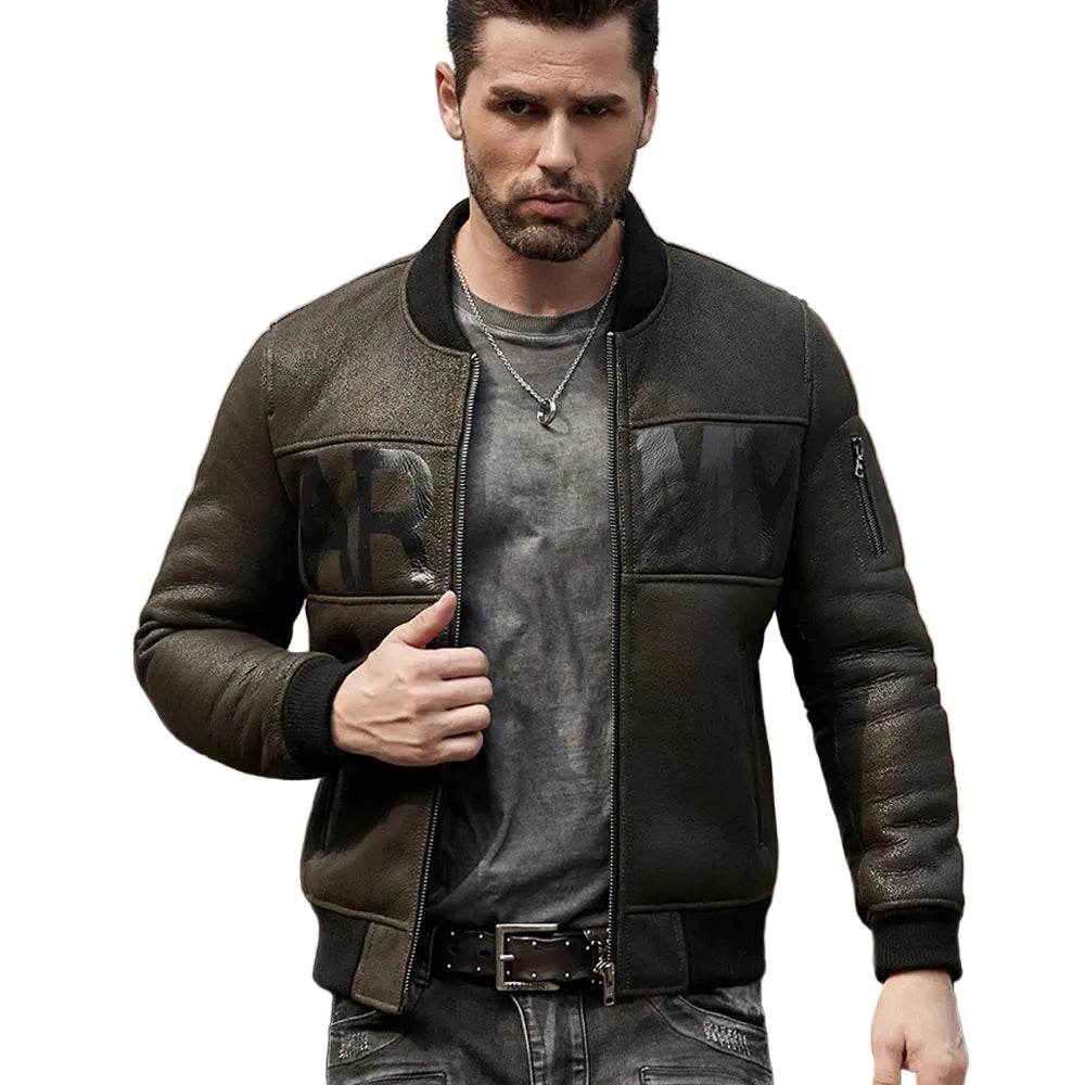 Men’s army green B3 sheepskin motorcycle jacket
