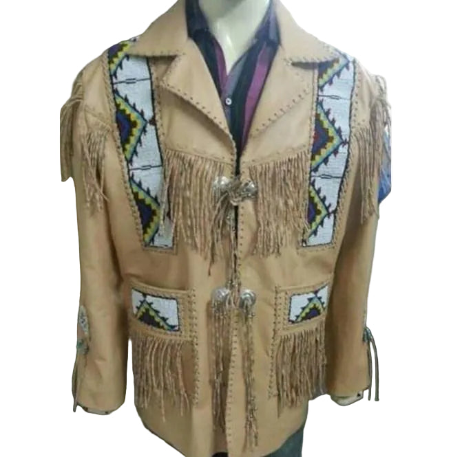 Men’s beige western leather fringe cowboy jacket
