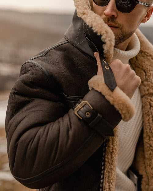 Men’s belted flying shearling leather jacket