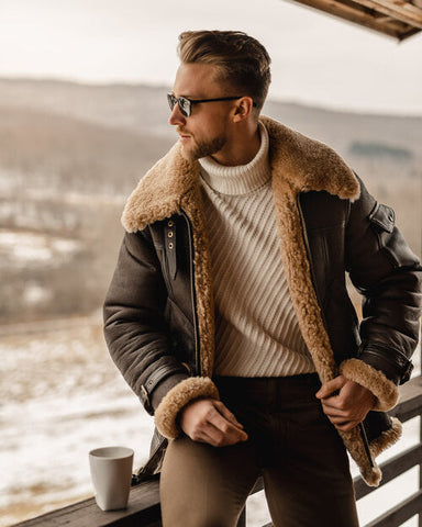 Men’s belted flying shearling leather jacket