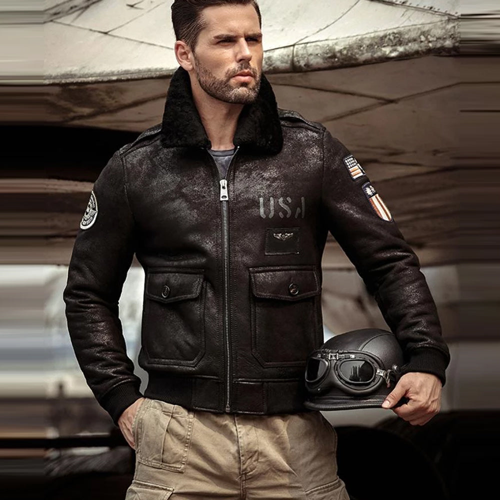 men’s black sheepskin leather aviator jacket front view