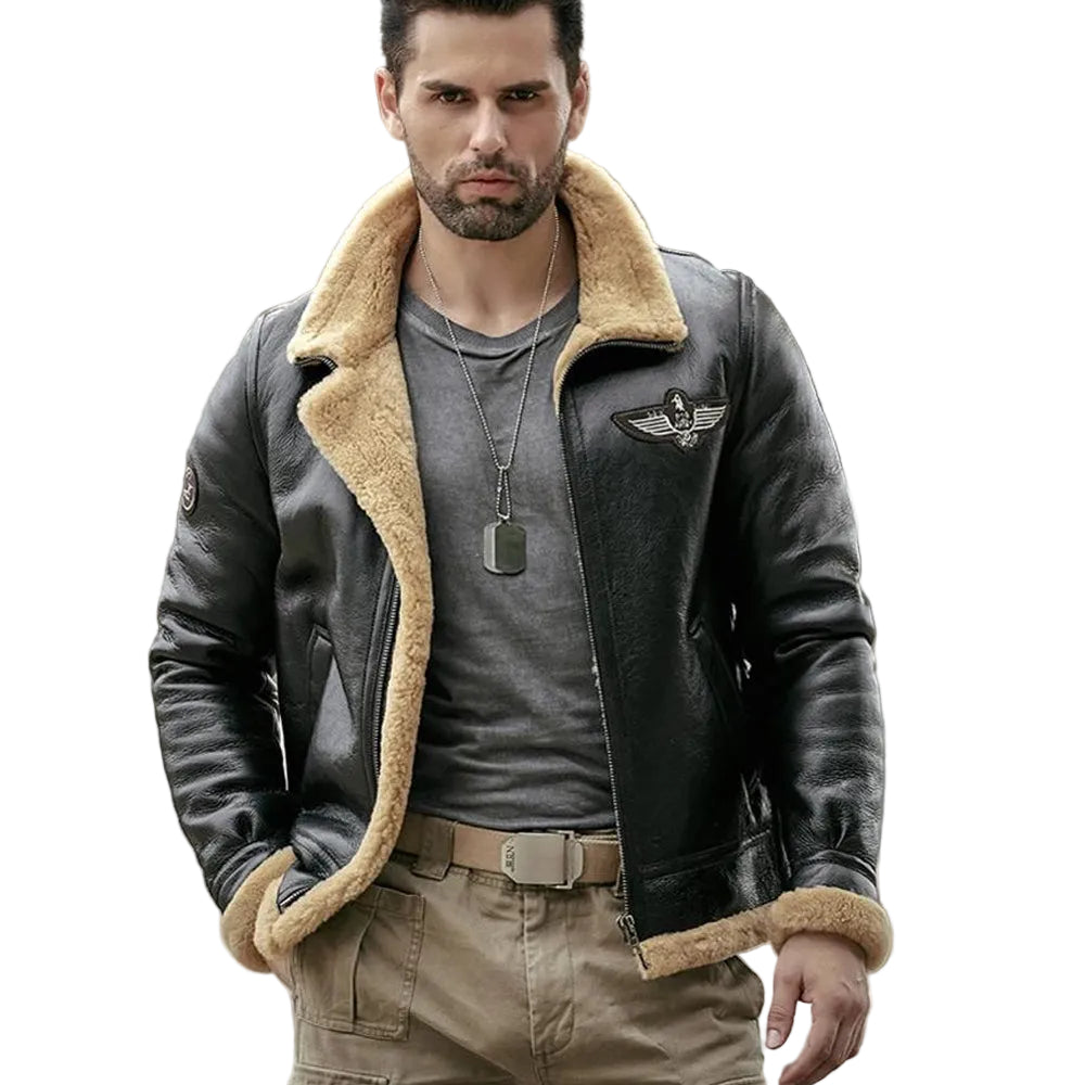 Men’s black RAF sheepskin shearling aviator jacket
