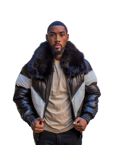 Men’s black and white lambskin bomber jacket
