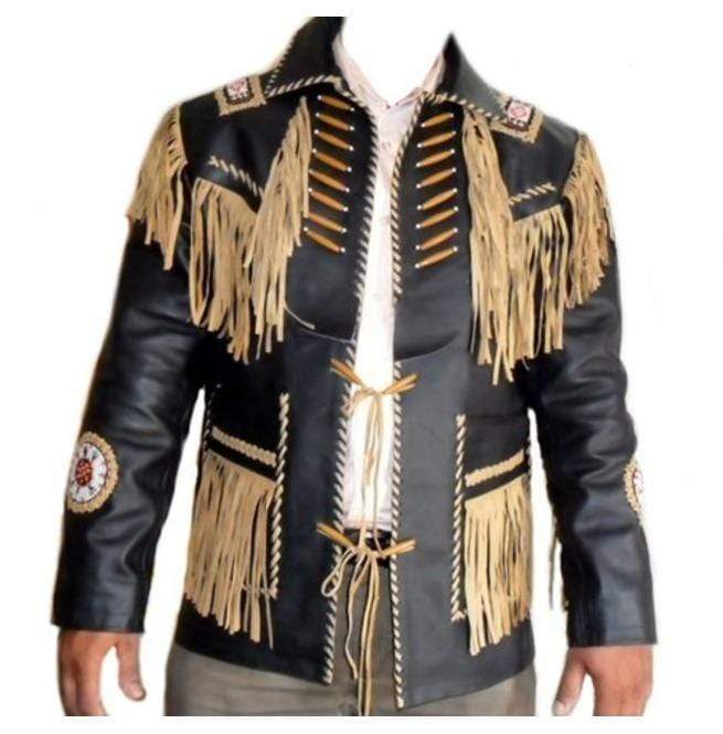Men’s black beige western leather fringe jacket
