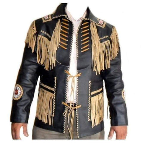 Men’s black beige western leather fringe jacket
