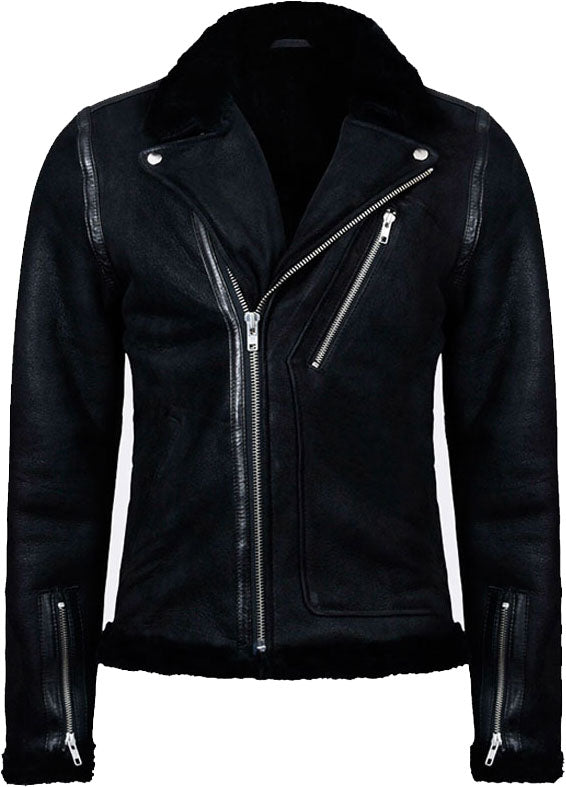 Men’s black biker leather jacket with fur collar
