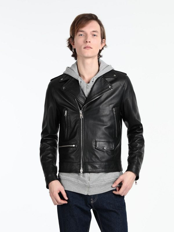 Men’s black biker leather jacket with zipper cuffs
