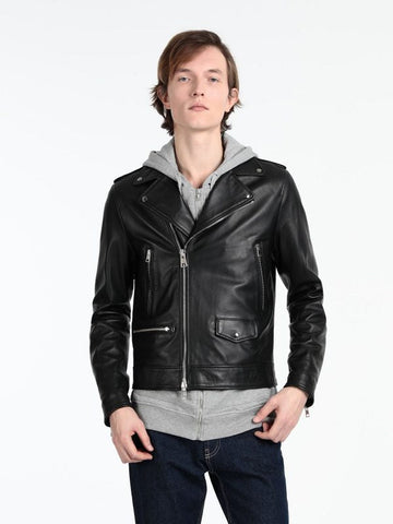 Men’s black biker leather jacket with zipper cuffs
