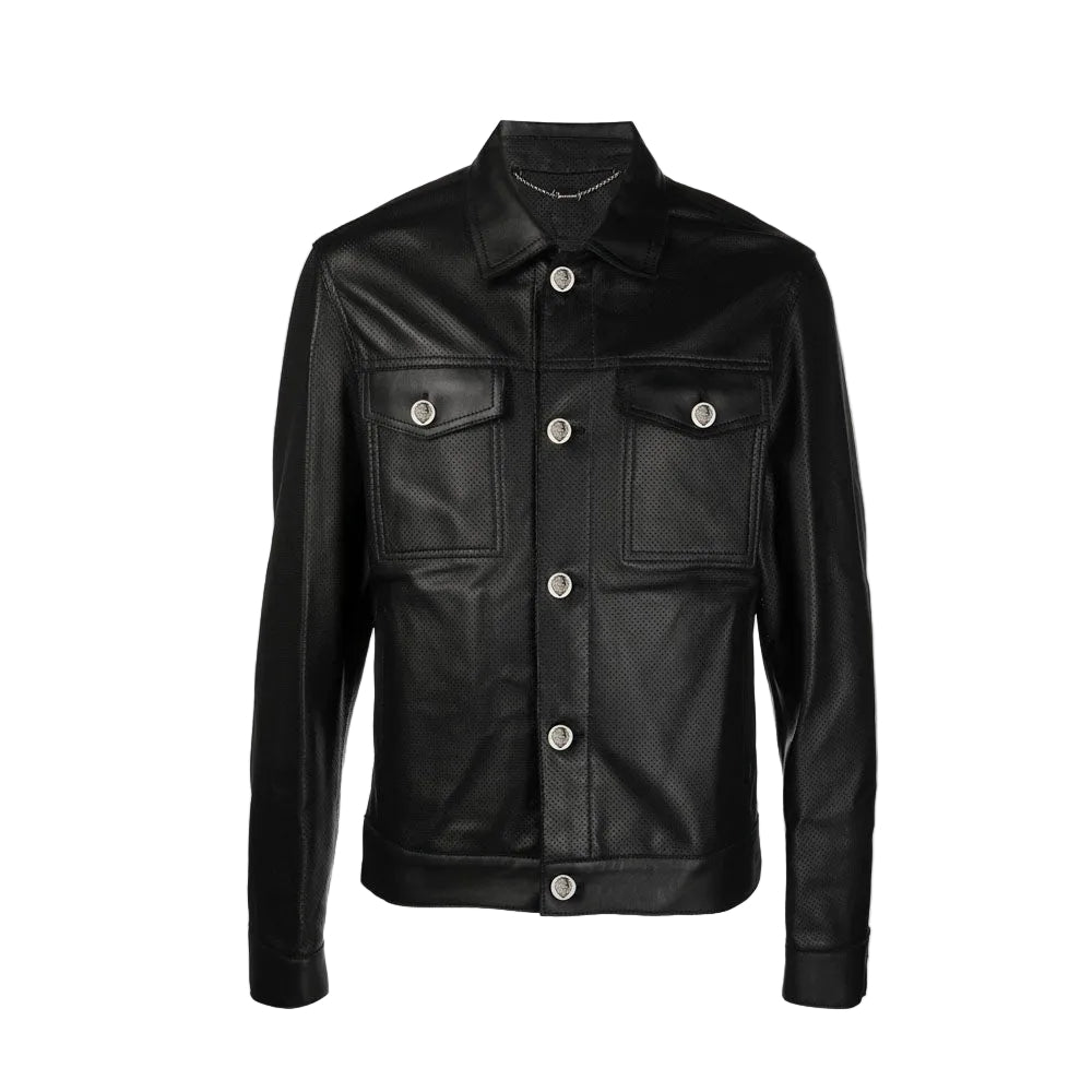 men's black lambskin leather shirt ronan front view
