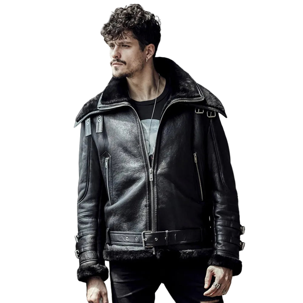 Men’s black double collar B3 shearling jacket
