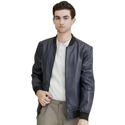 Men’s black faux leather bomber jacket

