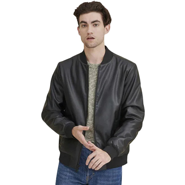 Men’s black faux leather bomber jacket
