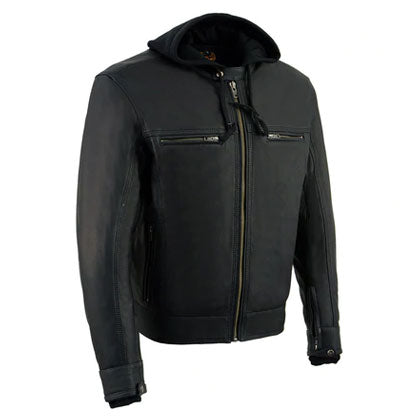 Men’s black goatskin leather scooter jacket with removable hoodie
