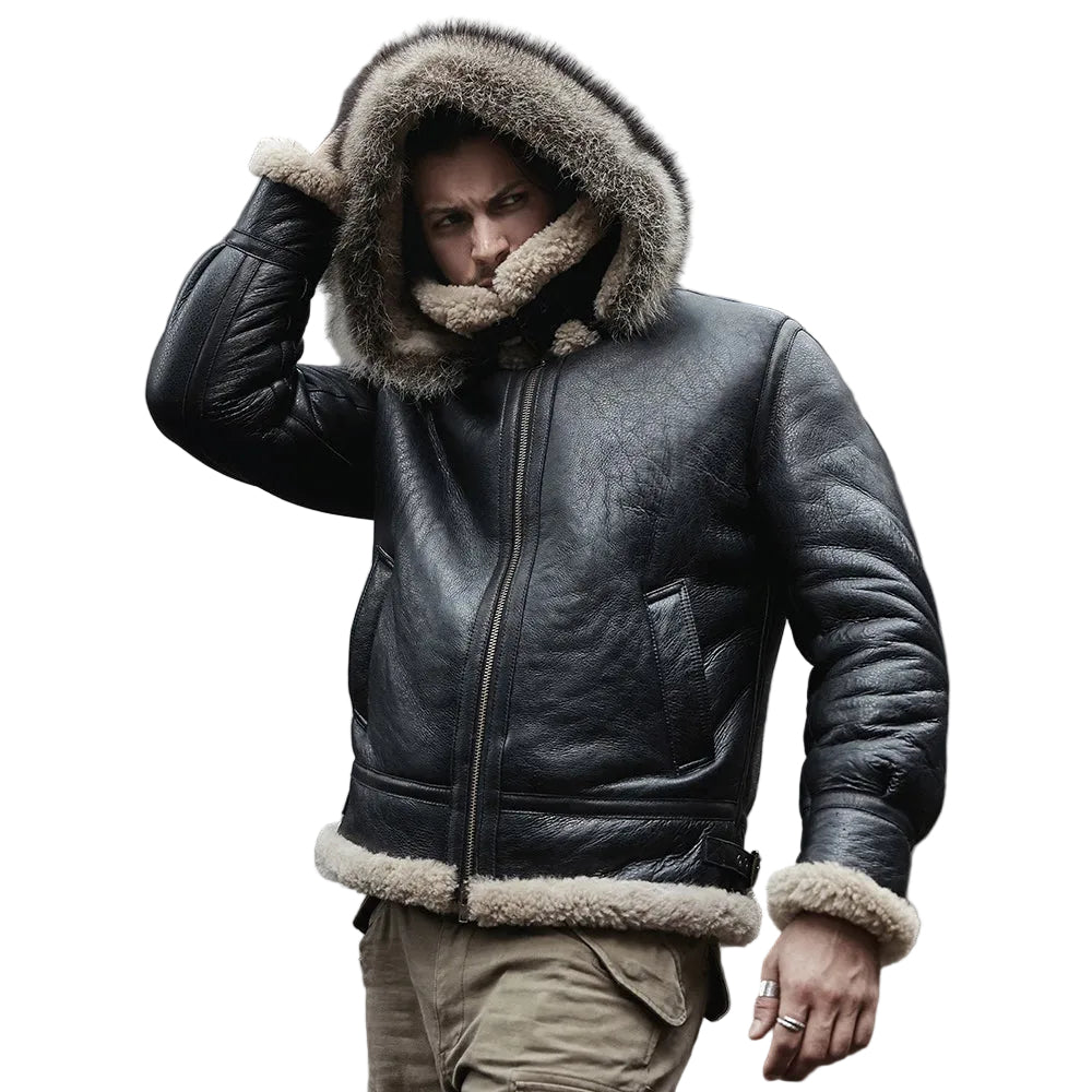 Men’s black hooded RAF B3 sheepskin shearling jacket
