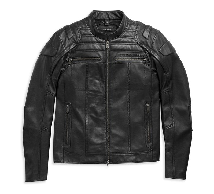 Men’s black hooded leather motorcycle riding jacket
