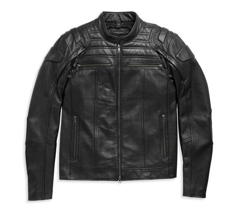 Men’s black hooded leather motorcycle riding jacket
