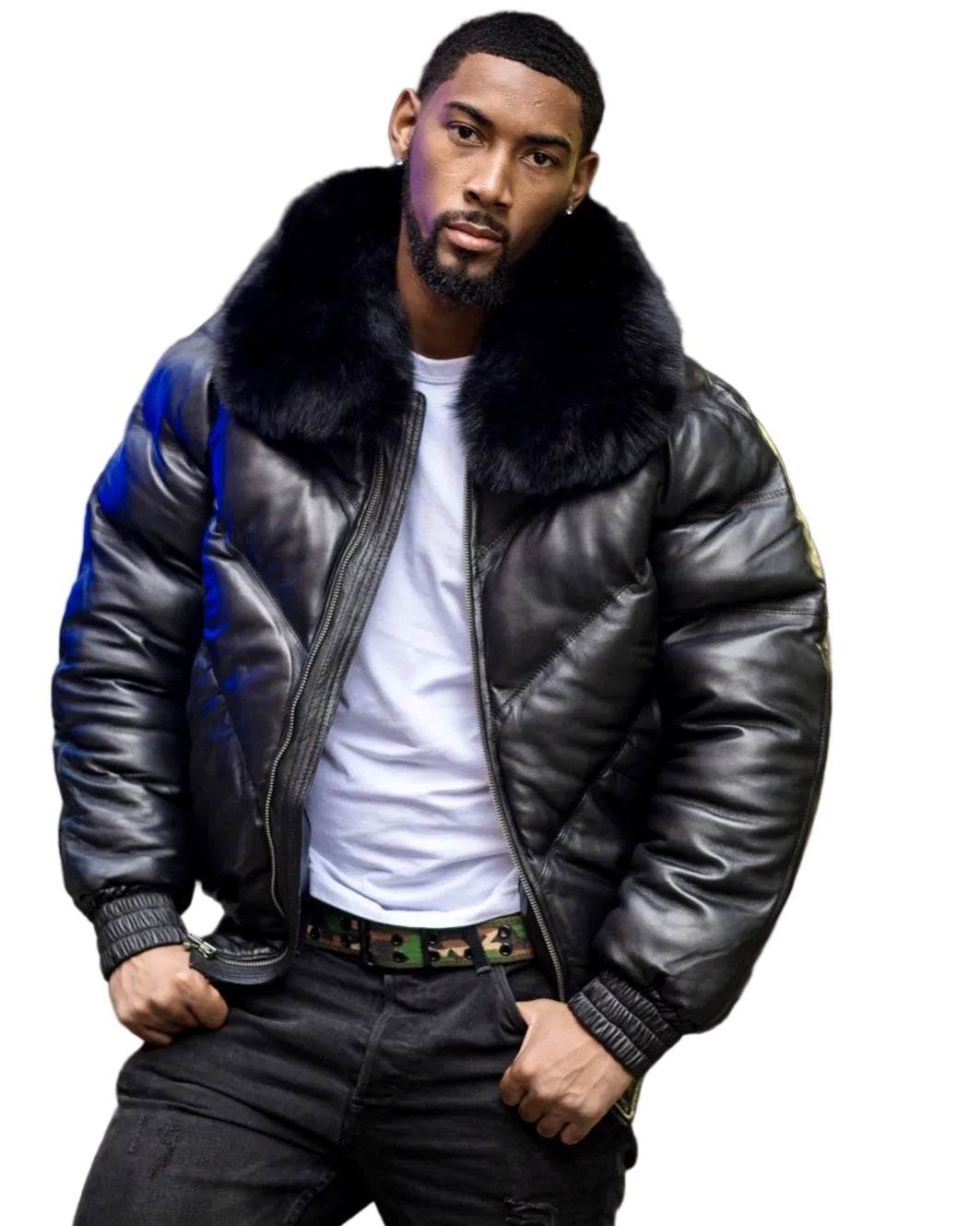Men’s black lambskin bomber jacket with fur collar
