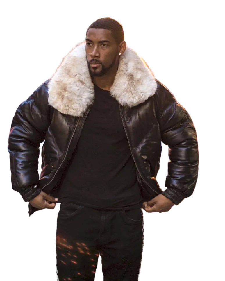 Men’s black lambskin bomber jacket with off white fur collar
