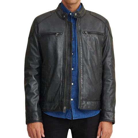 Men’s black leather biker jacket with shoulder patches
