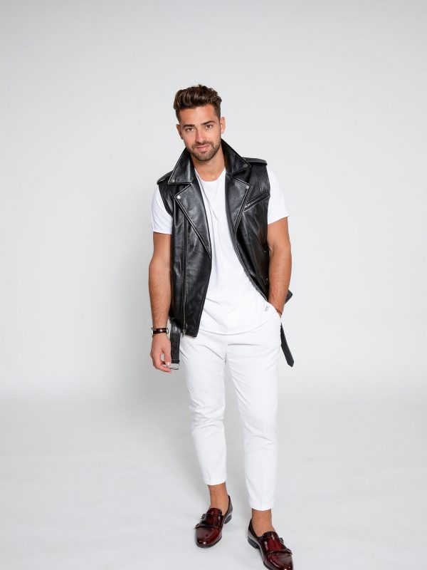 men's black leather vest cassian front view