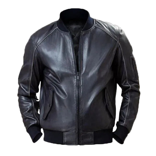 men’s black cowhide leather bomber jacket front view
