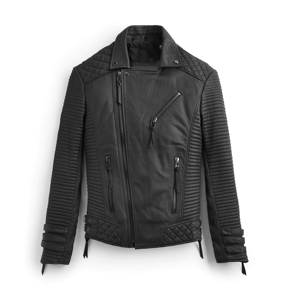 Men’s black leather motorcycle jacket
