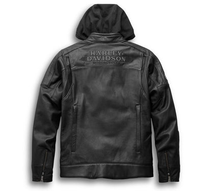 Men’s black leather motorcycle jacket with removable hoodie
