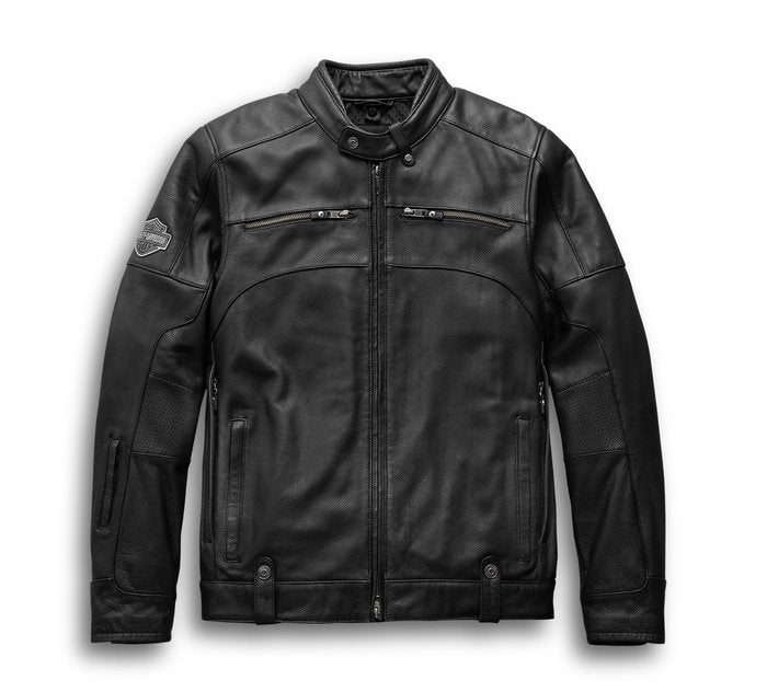 Men’s black leather motorcycle jacket with removable hoodie
