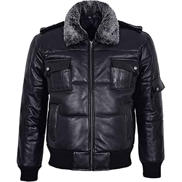 Men’s black leather puffer bomber jacket with hair-on collar
