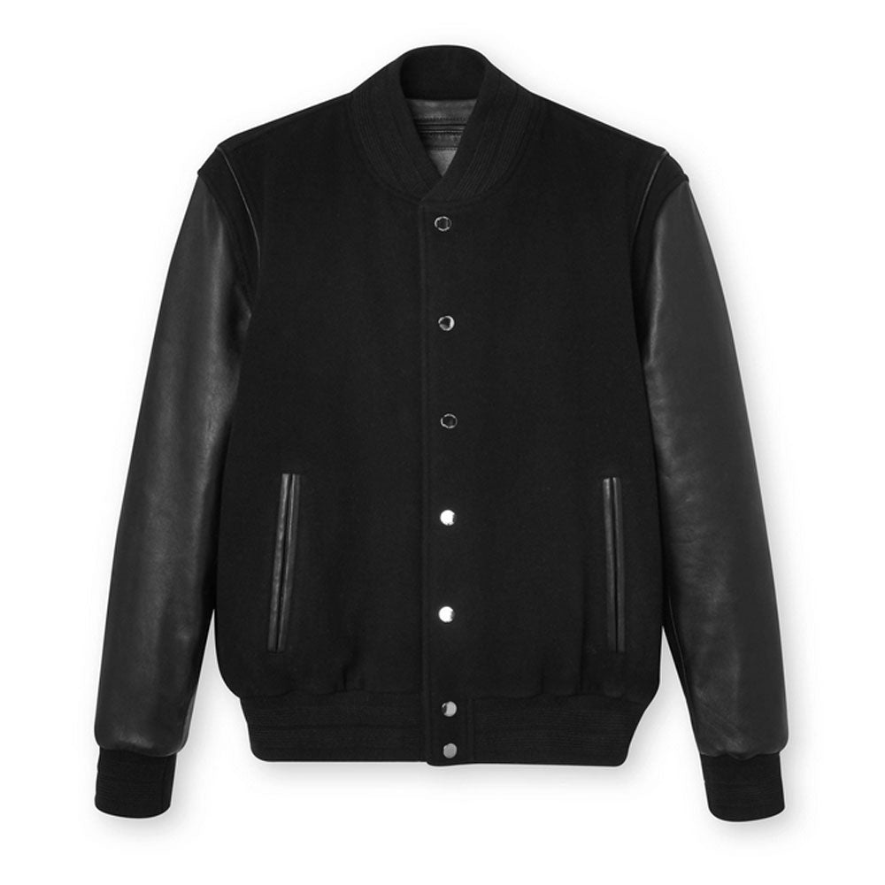 Men’s black leather varsity bomber jacket
