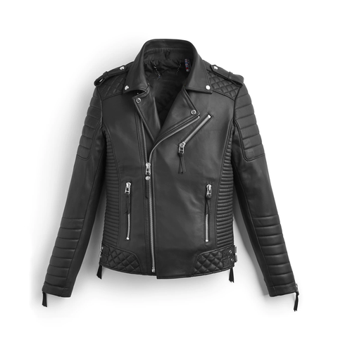 men’s black sheepskin leather jacket back view
