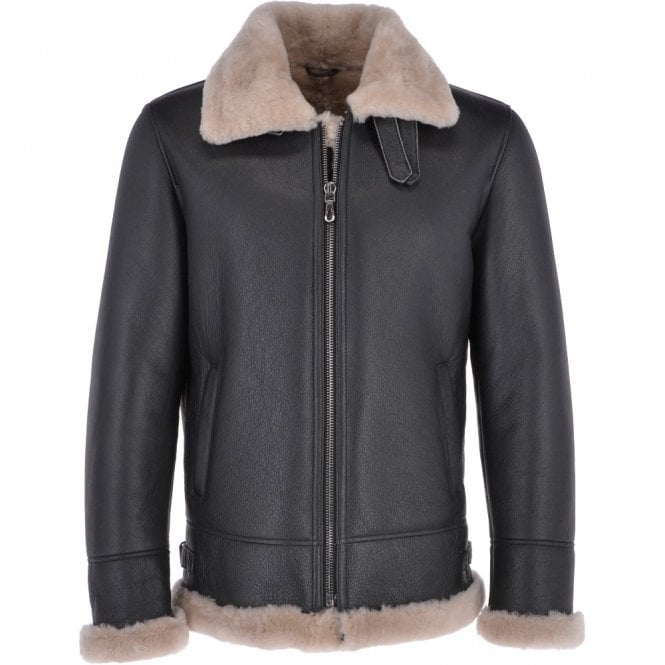Men’s black shearling leather bomber jacket
